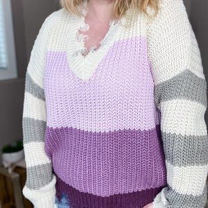 Lavender Color Block Distressed Sweater